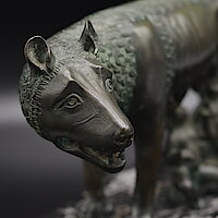 Detailansicht des Kopfs der Bronzefigur der Kapitolinischen Wölfin