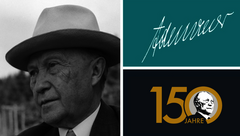 Grafik mit der Unterschrift Adenauers, einem Logo "150 Jahre Adenauer" und einer schwarz-wei&szlig;en Fotografie von Adenauer mit Hut.